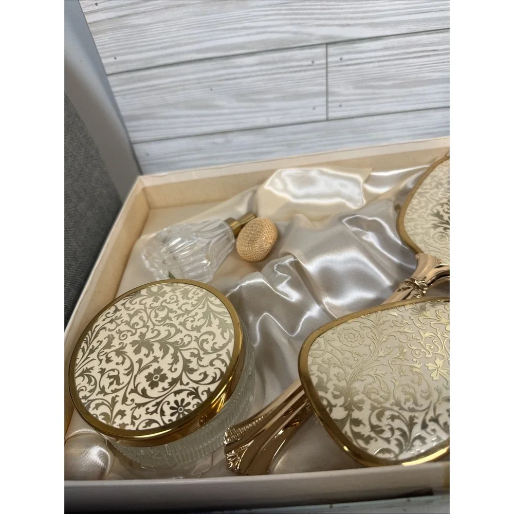Vintage Mirror and Brush Vanity Set Gold Tone Scroll Design Metal Hand Held